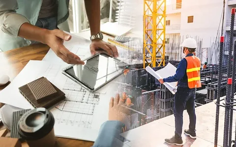 Construction workers reviewing plans and blueprints at a construction site with modern equipment and machinery.