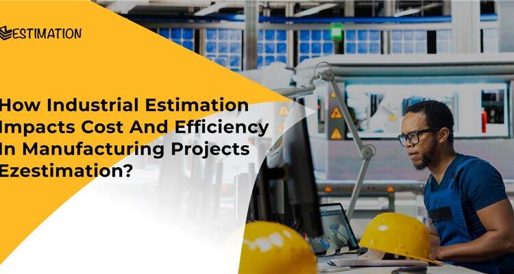 Engineer reviewing industrial project plans on a computer in a manufacturing facility with safety helmets and machinery, representing industrial estimation and cost efficiency.