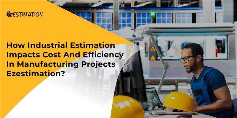 Engineer reviewing industrial project plans on a computer in a manufacturing facility with safety helmets and machinery, representing industrial estimation and cost efficiency.