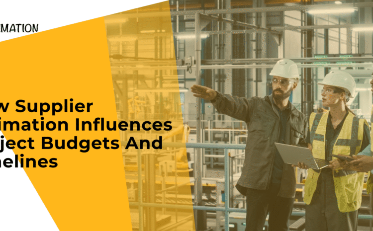 Industrial project team wearing safety helmets and vests reviewing supplier estimation data on laptop and tablet, highlighting its impact on project budgets and timelines.