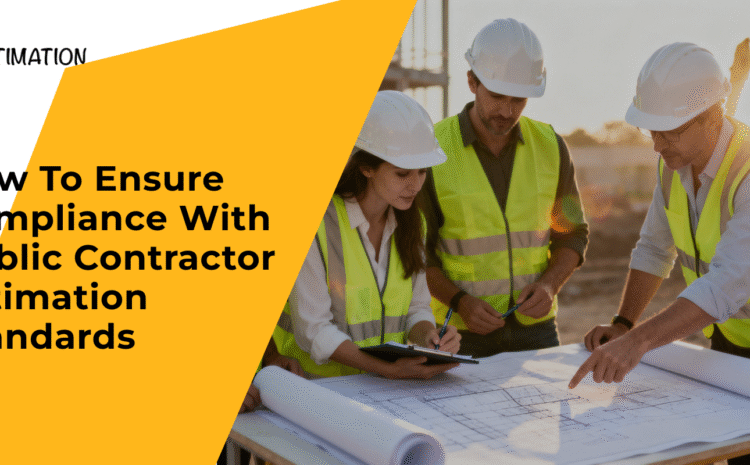 Construction team reviewing blueprints on a job site, wearing safety helmets and reflective vests, illustrating public contractor estimation compliance.