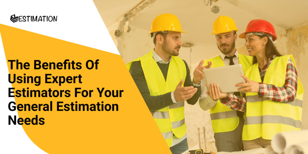 Construction professionals in safety vests reviewing plans on a tablet, highlighting the benefits of using expert estimators for accurate general construction estimation.