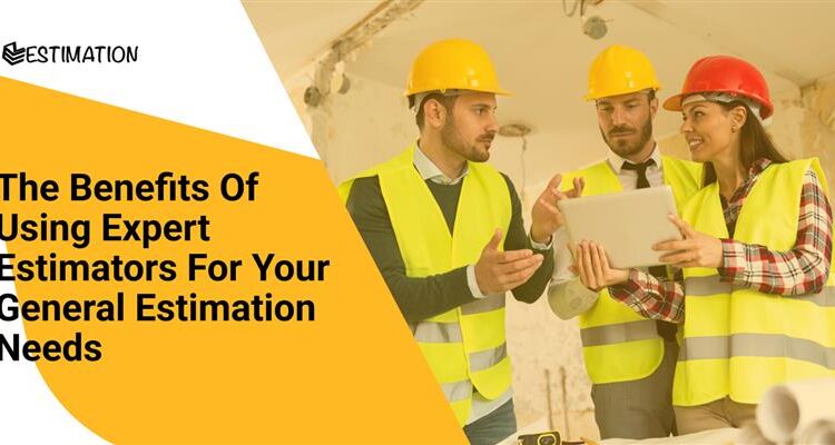 Construction professionals wearing safety helmets and high-visibility vests reviewing a tablet on a job site, highlighting the benefits of using expert estimators for accurate general cost estimation.