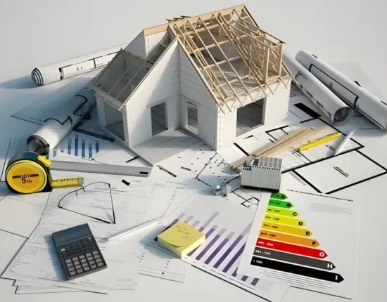 A model of a house under construction surrounded by blueprints, construction tools, and documents, with charts and an energy efficiency scale. This represents the detailed planning and precision of estimation services provided by EZ Estimation.