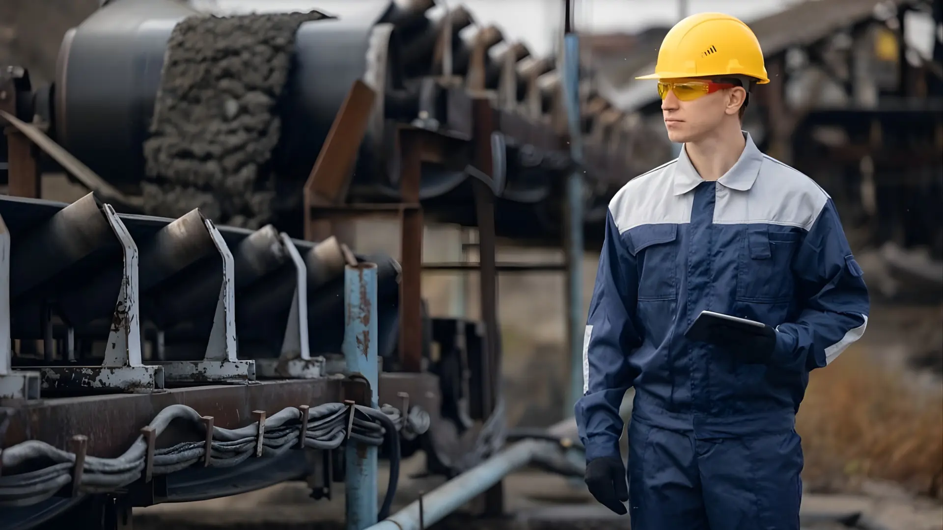A worker in a safety helmet and protective gear, holding a tablet while inspecting a production line at an industrial site. This image reflects the careful analysis and management involved in industrial construction and estimation services.