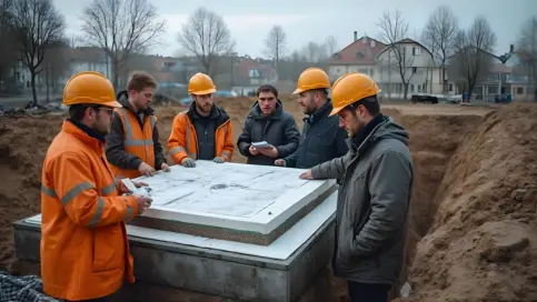 A team of construction workers in helmets and safety vests reviewing building plans over a foundation slab at a construction site, showcasing collaboration and attention to detail in construction estimation services.