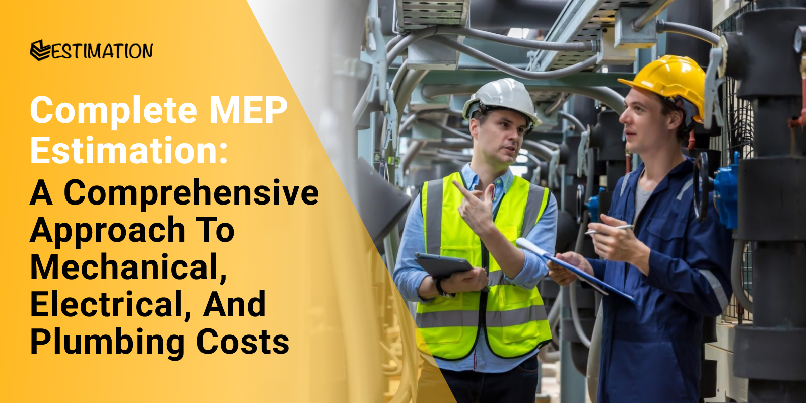 Two professionals discussing MEP Estimation in a mechanical, electrical, and plumbing setting. This image highlights the importance of accurate MEP Estimation for successful construction projects by EZ Estimation.