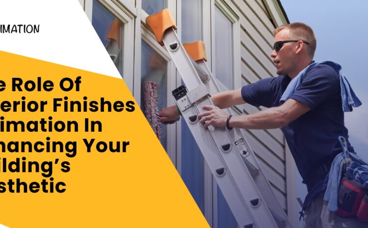 A worker using a ladder to apply exterior finishes to a building, showcasing the importance of accurate Exterior Finishes Estimation for enhancing a building's aesthetic. The image highlights the professional service provided by EZEstimation.