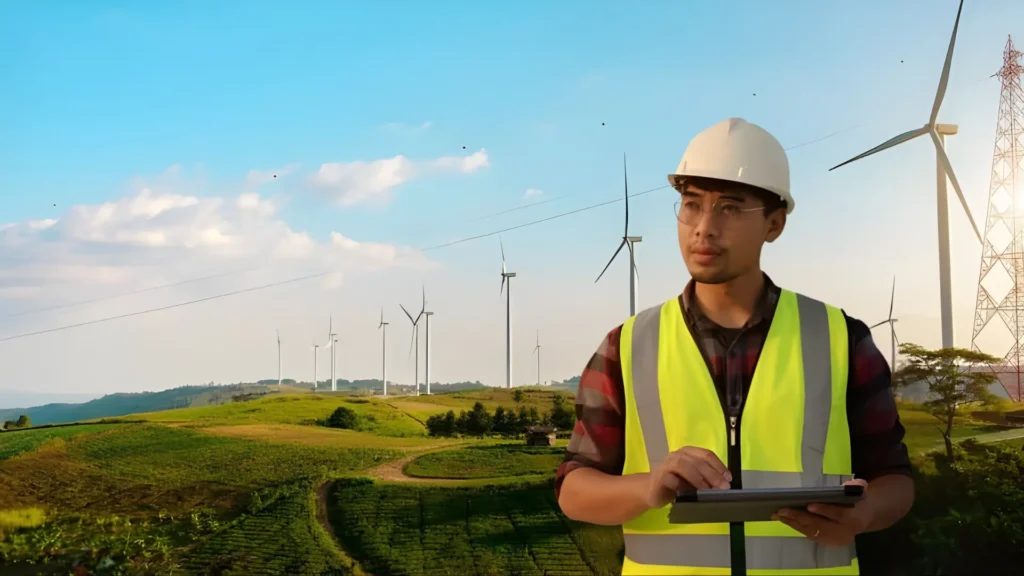 A worker in a high-visibility vest and hard hat is standing in a wind farm, holding a tablet and reviewing plans. The landscape features wind turbines in the background, showcasing the work involved in landscaping estimation services in an industrial setting.
