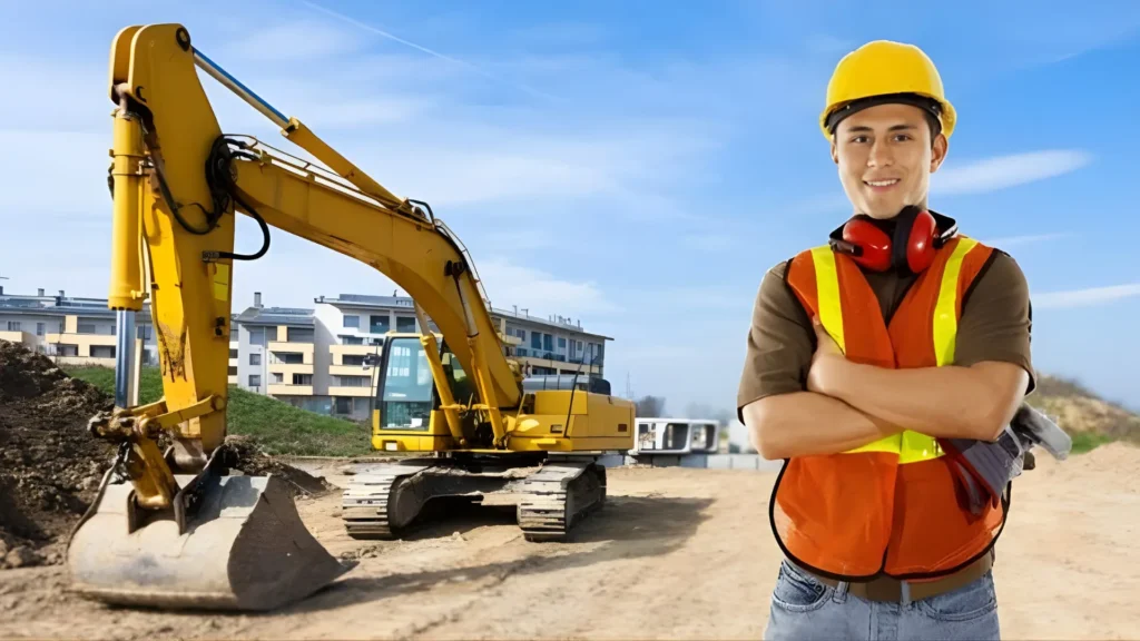 A construction worker wearing a yellow hard hat, reflective vest, and noise-cancelling headphones, standing with his arms crossed in front of an excavator on a construction site.