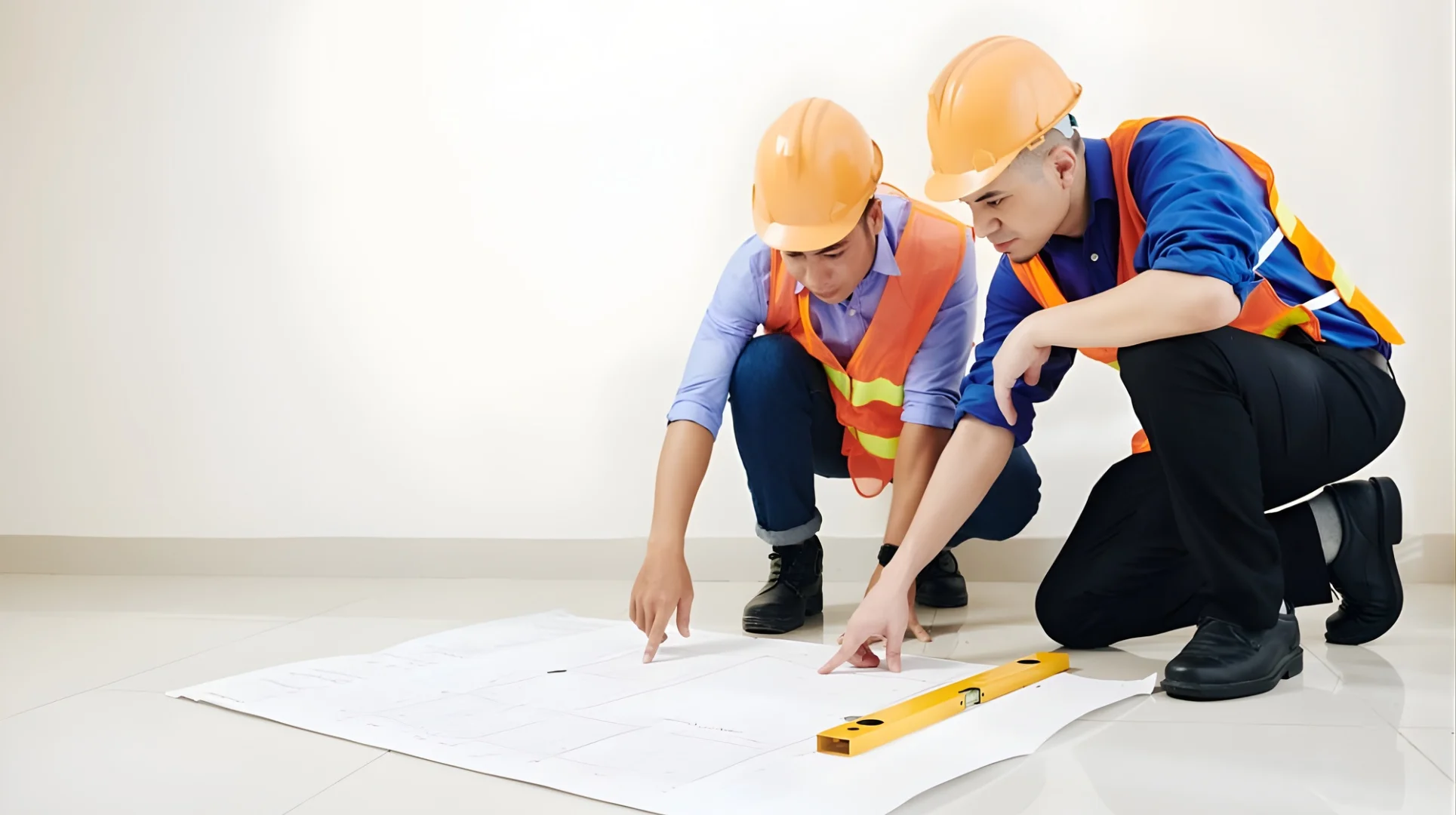Two construction professionals in hard hats and safety vests are reviewing flooring plans and discussing measurements for flooring estimation services at a construction site.