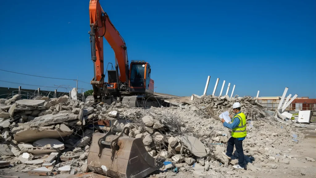 A construction worker in a hard hat and safety vest is reviewing demolition plans at a site with debris from a demolished structure. An excavator is in the background, actively clearing the rubble, illustrating the process involved in demolition estimating services.