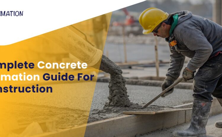 Concrete Estimation process showing worker pouring and leveling concrete slab at construction site by EZ Estimation