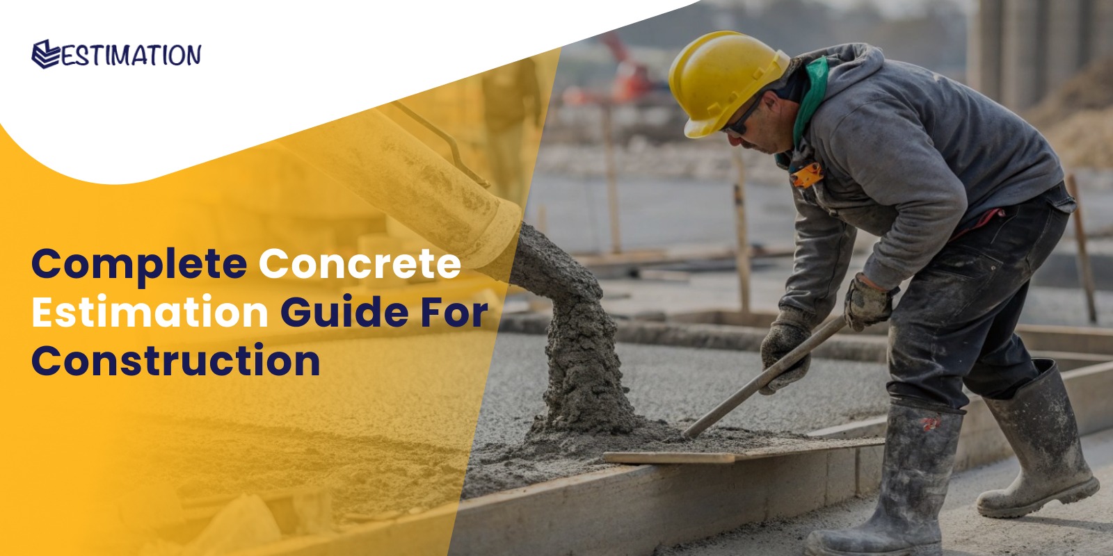 Concrete Estimation process showing worker pouring and leveling concrete slab at construction site by EZ Estimation