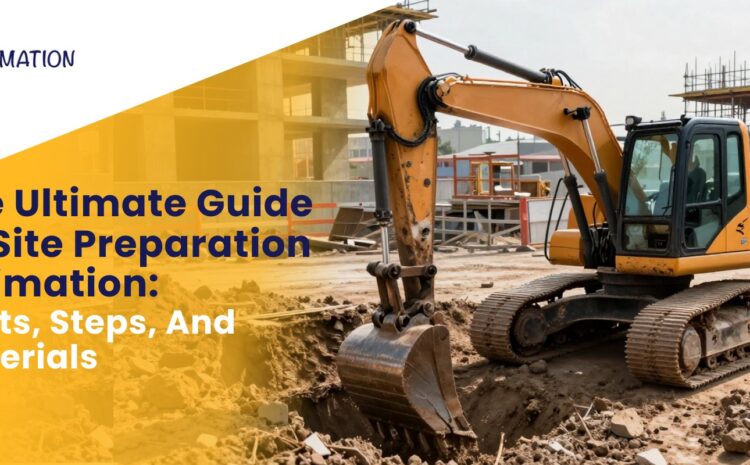 An excavator working on a construction site with the text "The Ultimate Guide To Site Preparation Estimation: Costs, Steps, And Materials" and an estimation logo.