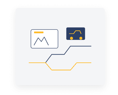 Infographic-style diagram with a car icon and a thumbnail landscape on a curved network of blue and yellow lines, suggesting a route or path.