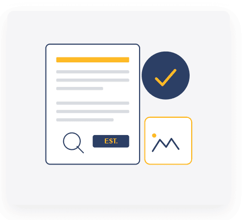 Document with a magnifying glass icon, EST badge, and a small image thumbnail, plus a dark blue checkmark circle nearby (symbolizing verification or approval).