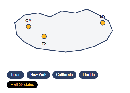 Outlined map with four orange markers labeled CA, TX, and NY; a set of dark-blue state filter pills for Texas, New York, California, Florida, and a black + all 50 states button below.